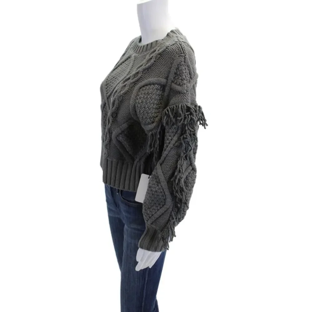 Line And Dot Womens Chunky Crochet Knit Fringe Sweater Gray Cotton Size XS